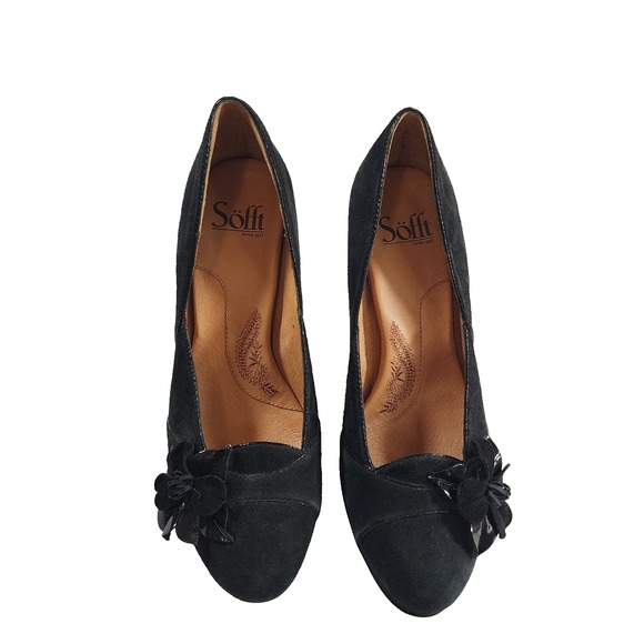 Sofft Black Leather Womens Heels 7.5 Comfort Pumps Flower - Picture 2 of 10